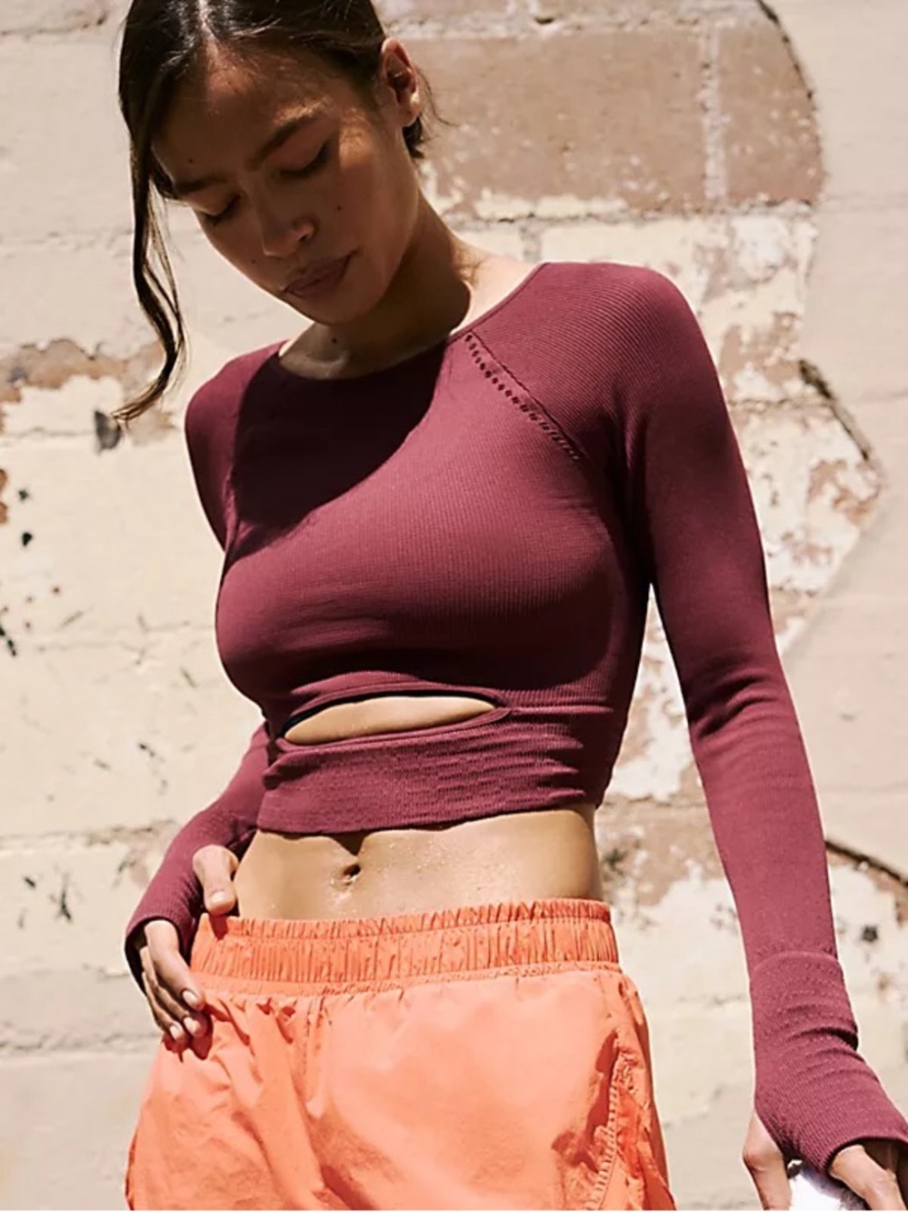 Free People Movement Oxford Cut It Out Long Sleeve Cropped Top Maroon Size XS/S